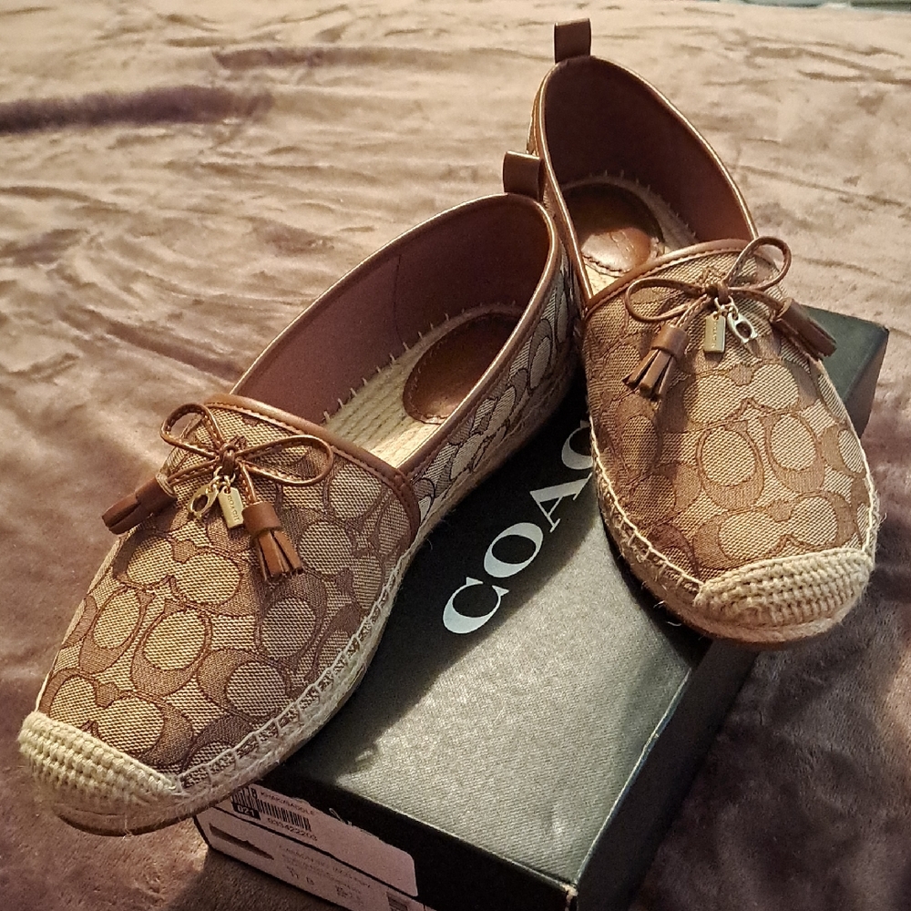 Coach Brown Signature Canvas Espadrille Flats with Tassel Charm